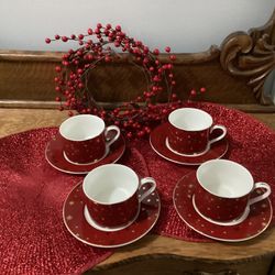 ⭐️ 4 Red Sakura Galaxy Mug & Saucer Plates 14K Gold Stars ⭐️ 