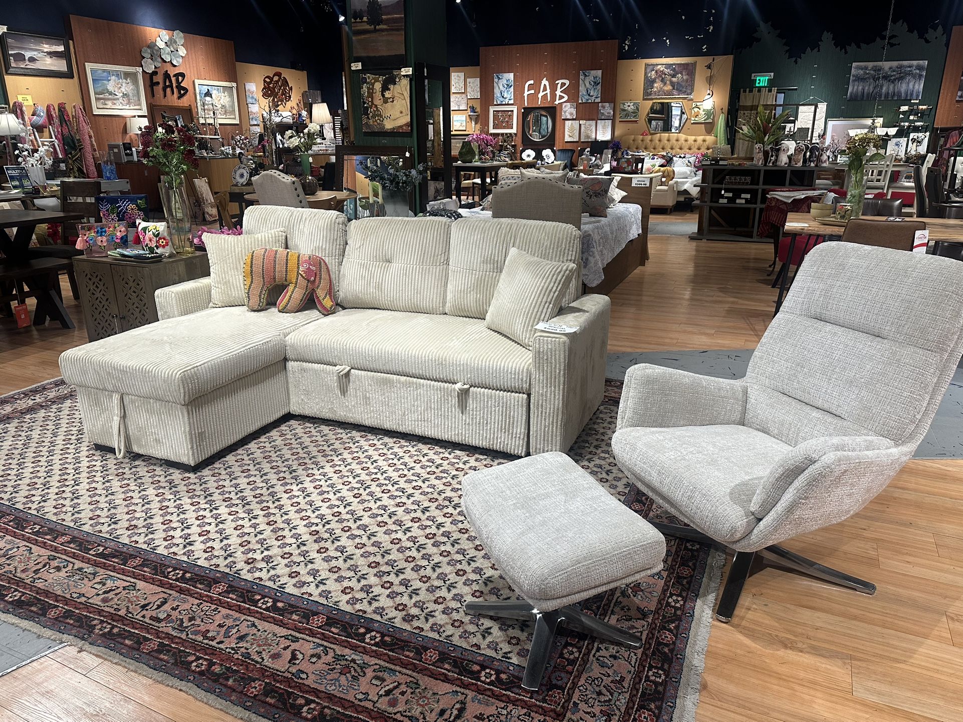 Reversible Sectional With Chaise / Beige Corduroy Sleeper Sofa/ Gray Corduroy Sleeper Sofa