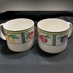 *NEW 2pc SET SPRING FRUIT ART Ceramic Jumbo Mugs LEMON PEACH PLUM