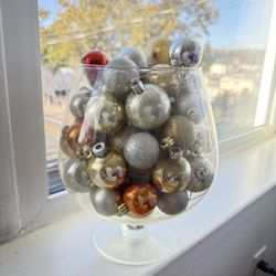 Glass Pedestal Vase with Christmas Ornaments 10”H