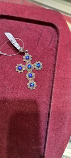 Silver Cross Pendant with Blue Stone Inlay