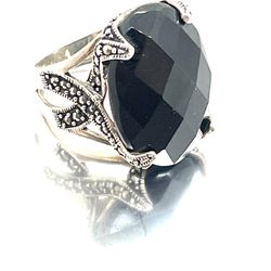 Sterling Marcasite And Onyx Ring Sz 8
