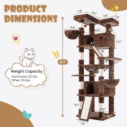 81in Multi-Level Tall Cat Tree Tower for Indoor Kitties/Larger Cat Condo Furniture with Hammock/Cozy Pussycat Perches/Sisal Scratching Posts/Pet House