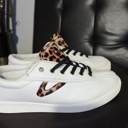 Tretorn Women Nylite 25 Plus White & Leopard Leather Sneakers Size 7.5 M