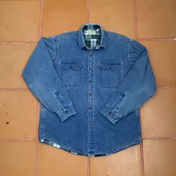 LL Bean Plaid Flannel Lined Denim Button Up Work Shirt Size Large made in usa 90’s vintage