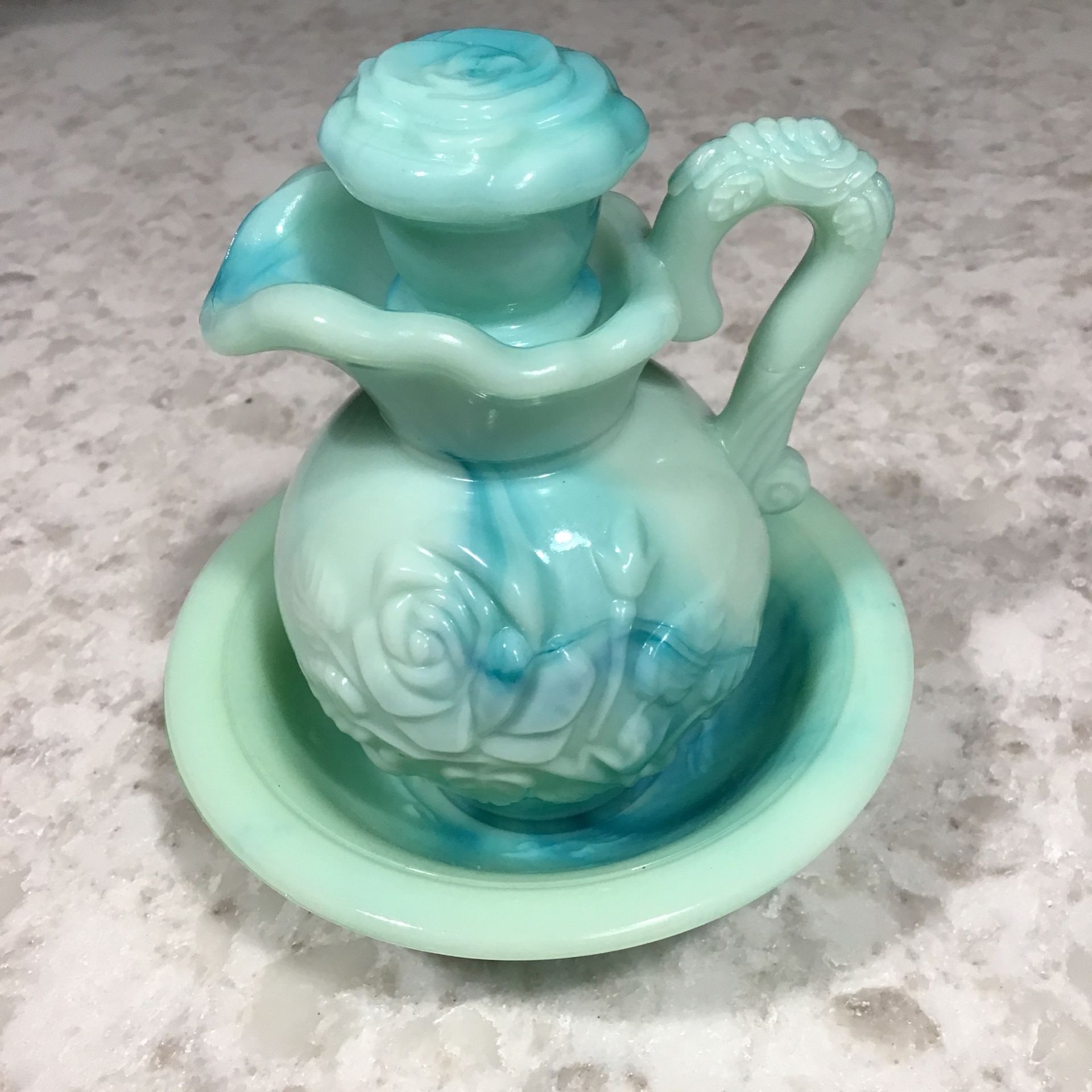 Vintage Avon Turquoise Green Jadeite Pitcher With Stopper And Bowl. $35