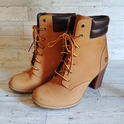 Timberland Women's Size 6.5 Tillston 3 inch High Heel Wheat Leather Boots 
