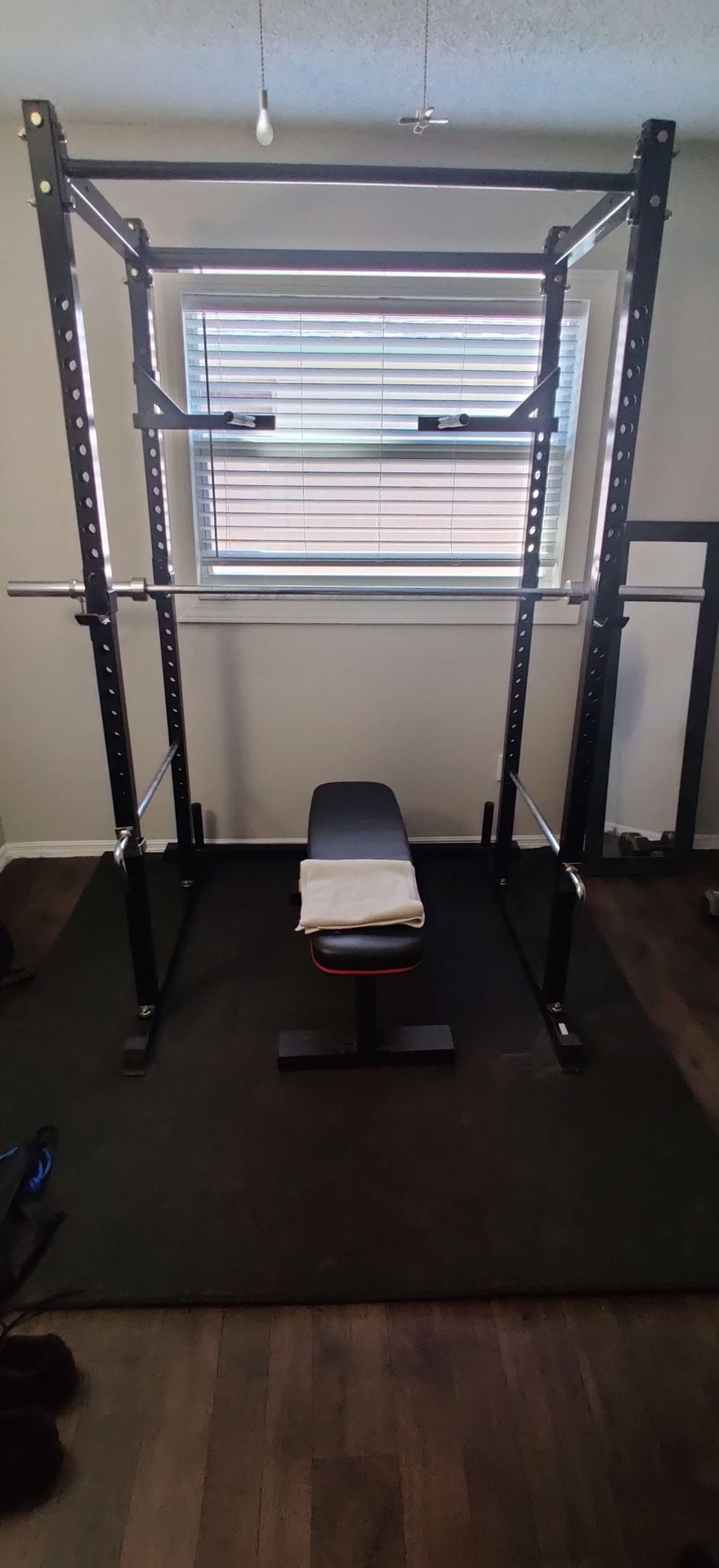Titan Fitness Power Rack, 7' Barbell, Bench, Plates