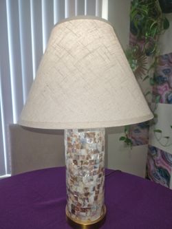 Mosaic Abalone Table Lamp Brown Base w/ Beige Bell Fabric Shade, Corded Wall
