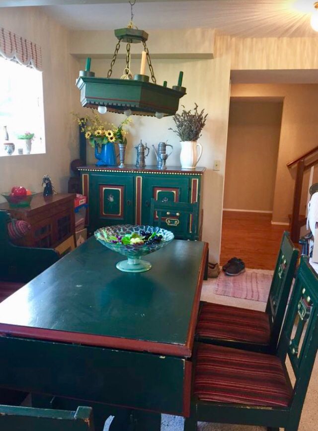 Antique Danish painted pine dining set table chairs upholstered bench w/storage beneath Buffett chandelier with electric/candle light