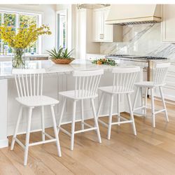 LUE BONA Upgraded Windsor Wooden White Bar Stools Set of 4, 24 Inch Counter Height Barstools with Spindle Back/Bigger Seat for Kitchen Island