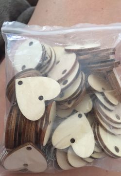 GROUP OF 55 WOODEN HEARTS & CIRCLES WITH METAL RINGS