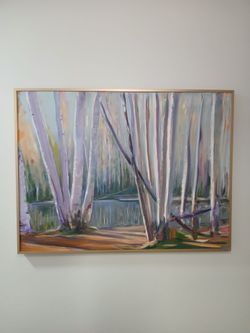Large Framed Birch Forest Landscape Painting