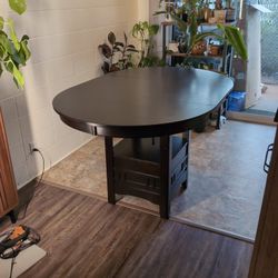 Dark Cherry Finish Counter Height Dining Table With Extension Leaf And Storage Base