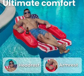 USA Patriotic Floating Chaise Pool Lounger Headrest Padded Large Lounge, Backrest, Footrest & Cupholder for Adults (American Flag)