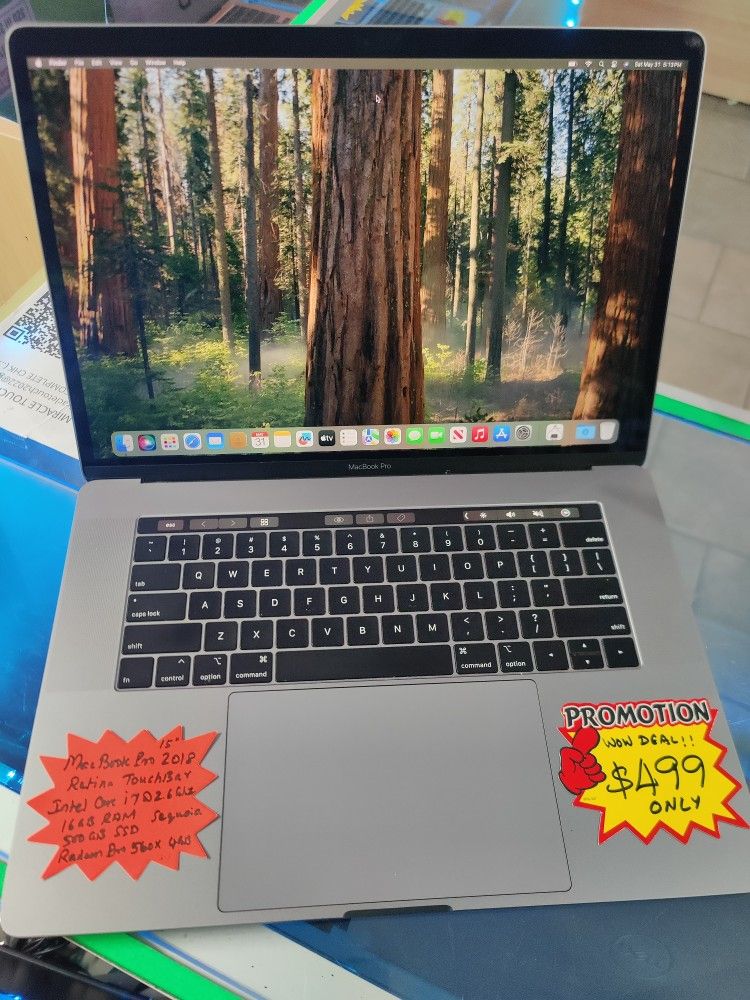 MacBook Pro 15" 2018 Retina TouchBar Intel 6 Core i7 @2.6Ghz, 16GB DDR4 Ram, 512gb SSD, Radeon Pro 555X 4GB Graphics, macOS Sequoia, Microsoft Office
