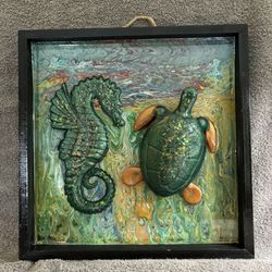 Seahorse and turtle Marine Life Resin Wall Plaque Handmade Size 12x12