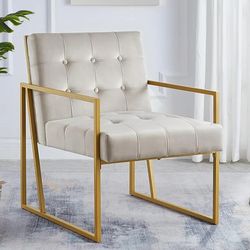 24KF Modern Taupe Velvet Button Tufted Accent Chair with Golden Metal Stand, Decorative Furniture Chairs for Living Room Bedroom - Taupe