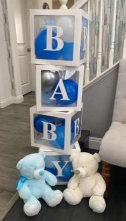 He's Coming!! It's A Boy!!! Blue & White Baby Shower Boxes + Balloons