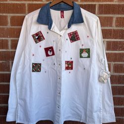 Christmas Holiday Patchwork Long Sleeve Button Down Shirt