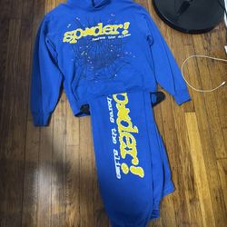 Authentic Sp5der Blue Web Hoodie & Sweatpants Set Worn 2x - size S