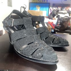 Jeffrey Campbell Angora Black Snake Embossed Leather Caged Block Heel SandalItem DescriptiontextAuthentic Jeffrey Campbell "Angora" fisherman-style ca