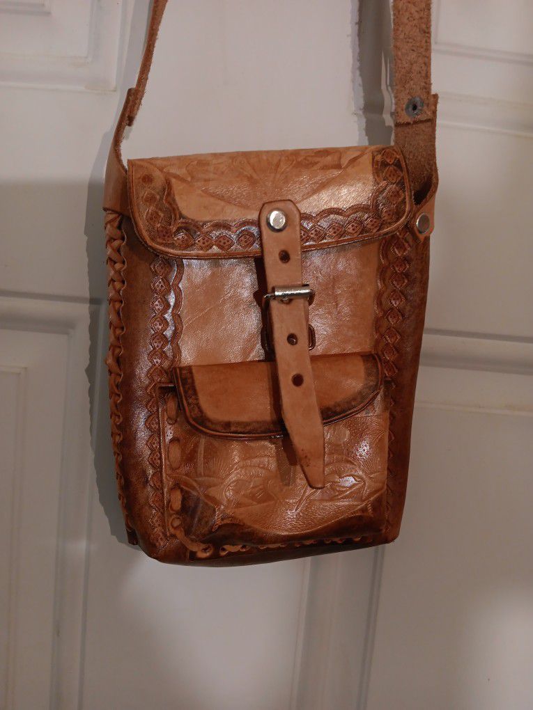 Handmade Leather Crossbody Bag With Two Compartment Brown Hobo Style.