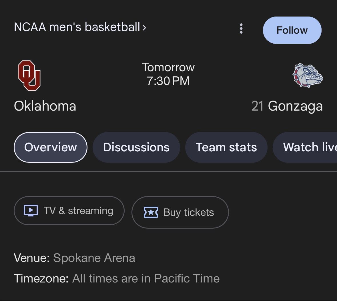 Gonzaga Vs Oklahoma Men’s Basketball 11/8