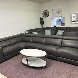 Furniture-  5 Pc 100% Pure Leather Sectional With 3 Power Recliners- Nevio