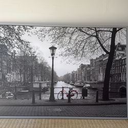 This product is the IKEA VILSHULT framed picture, which features a black and white photograph of an Amsterdam canal with a prominent red bicycle.