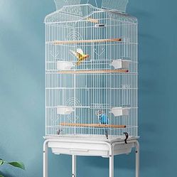 White Bird Cage With Stand And Dishes