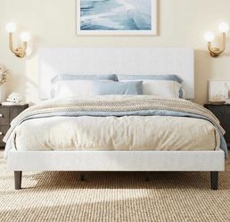 King Size Bed Frame, White Platform Bed with Adjustable Headboard, Wooden Slats Support, No Box Spring Needed, Noise-Free, Easy Assembly