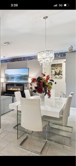 White Gloss Dining Table with Chrome Chairs Set