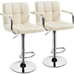 Set of 2 PU Leather Swivel Stools Adjustable Bar Stools Kitchen Chairs with Large Steel Pedestal Base Backrests Footrest for Living Room Dining Room B