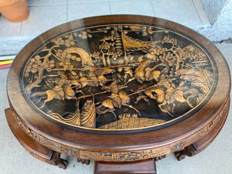 Vintage Oriental Hand Carved Oval Glass Top Tea Table With 6 Carved Benches