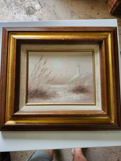 Signed Coastal Lighthouse Seascape Painting Framed Vintage Style Wall Art