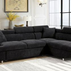 Brand New Black Plush Sectional Sofa Adjustable Converts Into Bed 