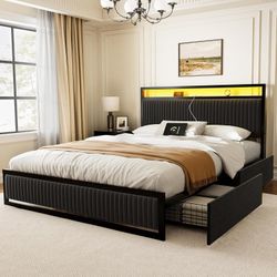 NEW - Queen Size Bed Frame with Headboard, Storage Drawers, USB Charging & LED Light Strip