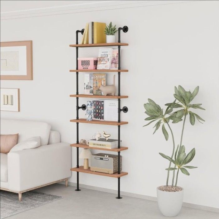 NEW Pipe Industrial Shelves, Wall Mounted Wood Metal Ladder Rustic Bookshelf