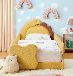 （T-266）Twin Size Kids Floor Bed Frame with Dinosaur-Shaped Headboard