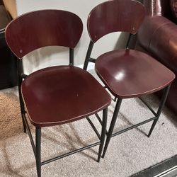 Pair of Industrial-Style Bar Stools | Wood Seats, Wrought Iron Base