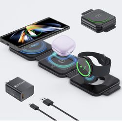 Wireless Charger for Samsung,RELAXYO Foldable 3 in 1 Fast Wireless Charging Pad Travel Station Compatible with S24 Ultra/S24+/S24/Flip/S23 Ultra/S22+/