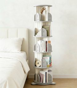 5 Tier- Round Rotating Bookcase, 360° Spinning Bookshelf Tower with Bottom Suction Cup & Turntable