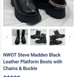 Steve Madden Black Leather Platform Boots with Chains & Buckle