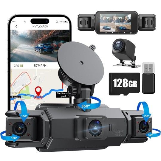 360 Dash Cam Front and Rear Inside,4 Channel Dash Cam 2025,2.5K+1080Px3 Dash Camera for Cars 24/7 Night Vision,360 Car Camera Built-in GPS,5G WiFi,Loo
