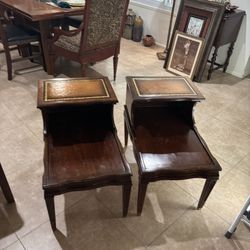 Leather Topped Antique Side Table Set - Vintage Hard To Find Set Of Two