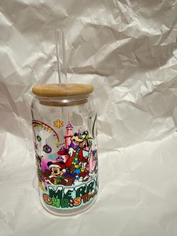 Disney Merry Christmas Glass Can Cup with Lid and Straw