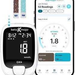 KETO-MOJO GK+ Bluetooth Glucose & Ketone Testing Kit + Free APP for Ketosis & Diabetes Support. 20 Blood Test Strips (10 Each), Meter, 20 Lancets, Lan