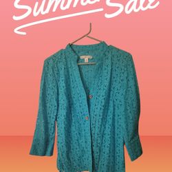 Rebecca Hansen Teal Lace Button-Front Blazer/Cardigan – Size Small