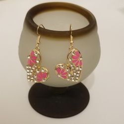 Rhinestone Pink Dangling Hear Earrings